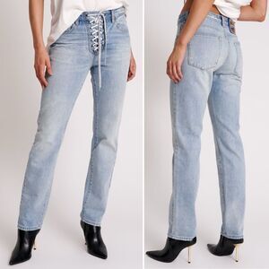 NWT One Teaspoon Truckers Jeans Size 26 Lace Up Mid Rise Straight Leg Light Wash
